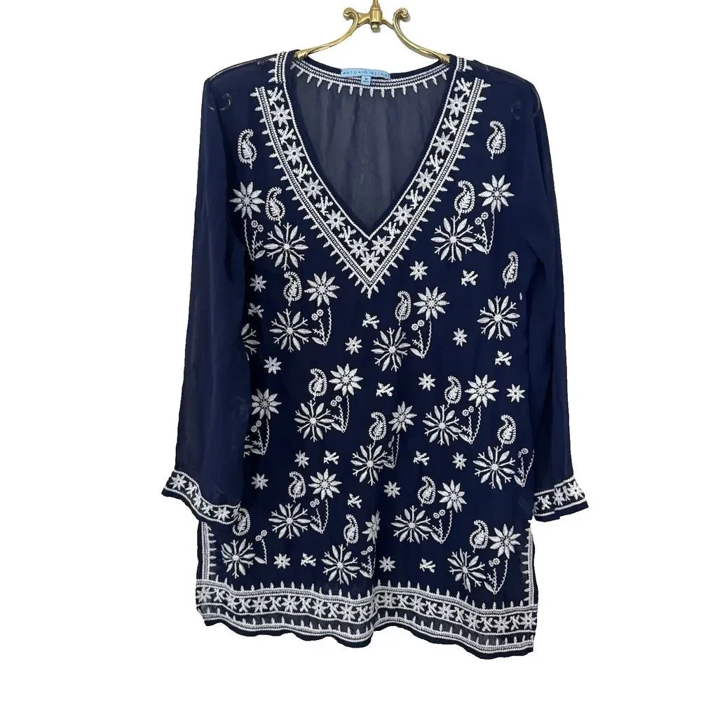 Antonio Melani Navy and White Embroidered Sheer Tunic Top‎ Swim Coverup Resort M